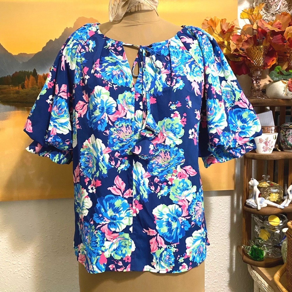 Umgee Blouse Cottagecore Barbie Floral Puff Sleeve Top Womens Small Blue Pink